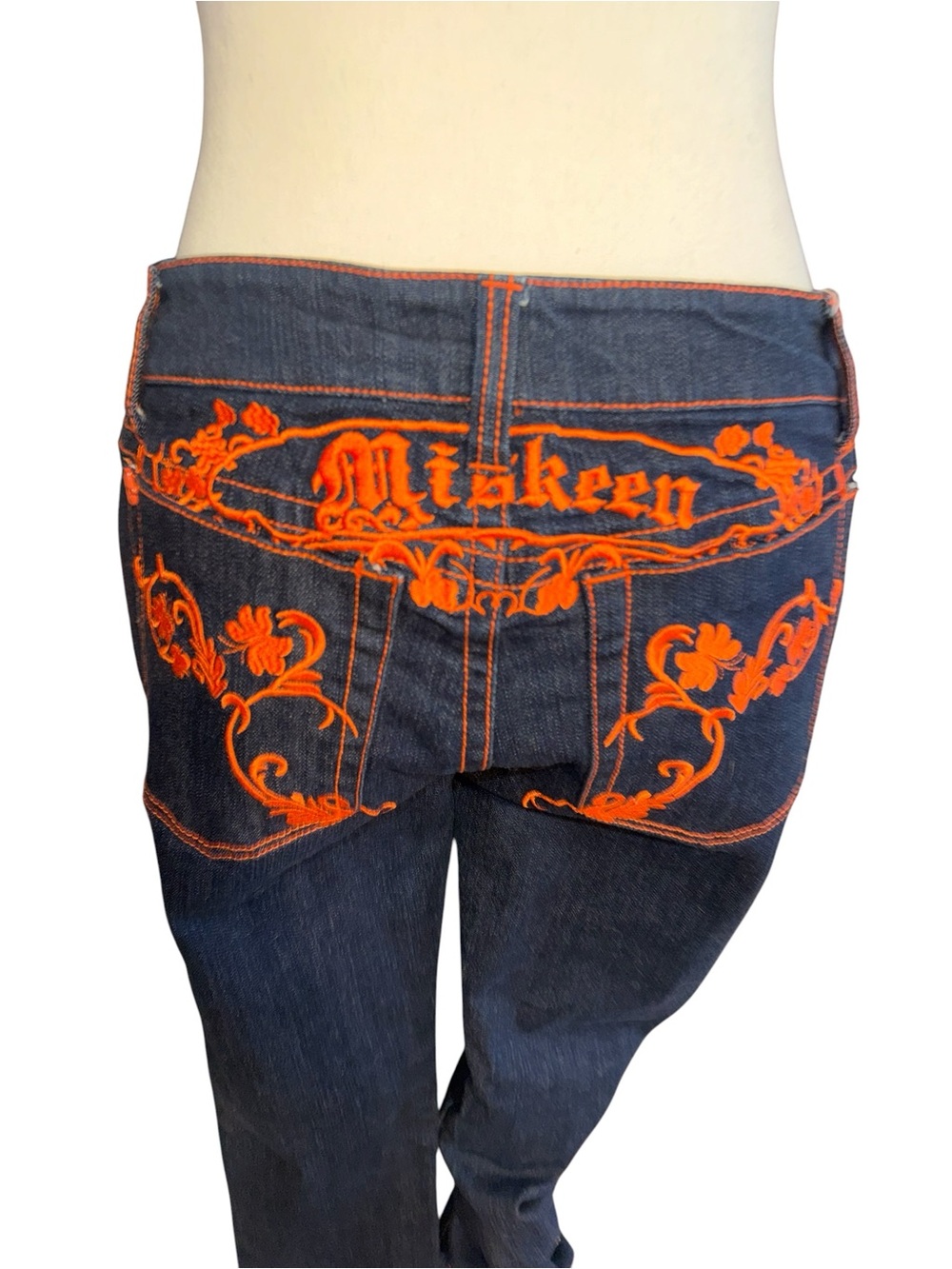 Miskeen Dark Blue Straight Leg Jeans with Orange Embroidery